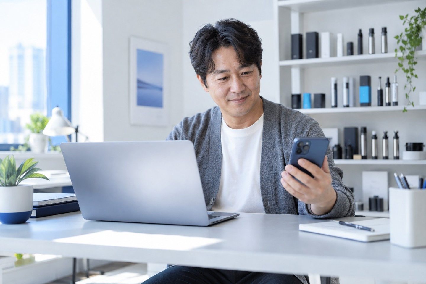 밝은 업무 공간에서 노트북을 사용하는 남성 — 길 위에서 받은 돈은 고른 날짜에 맞춰 들어와요